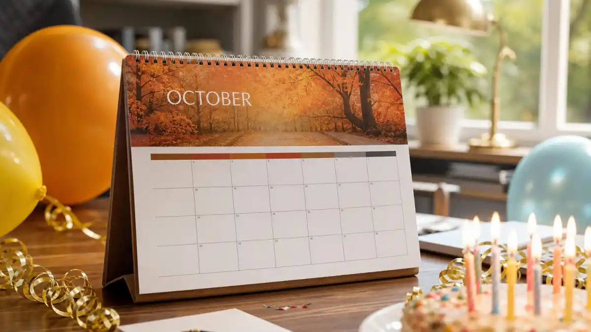 How old is Noah Schnapp — desk calendar open to October with birthday decorations marking his Libra birth date