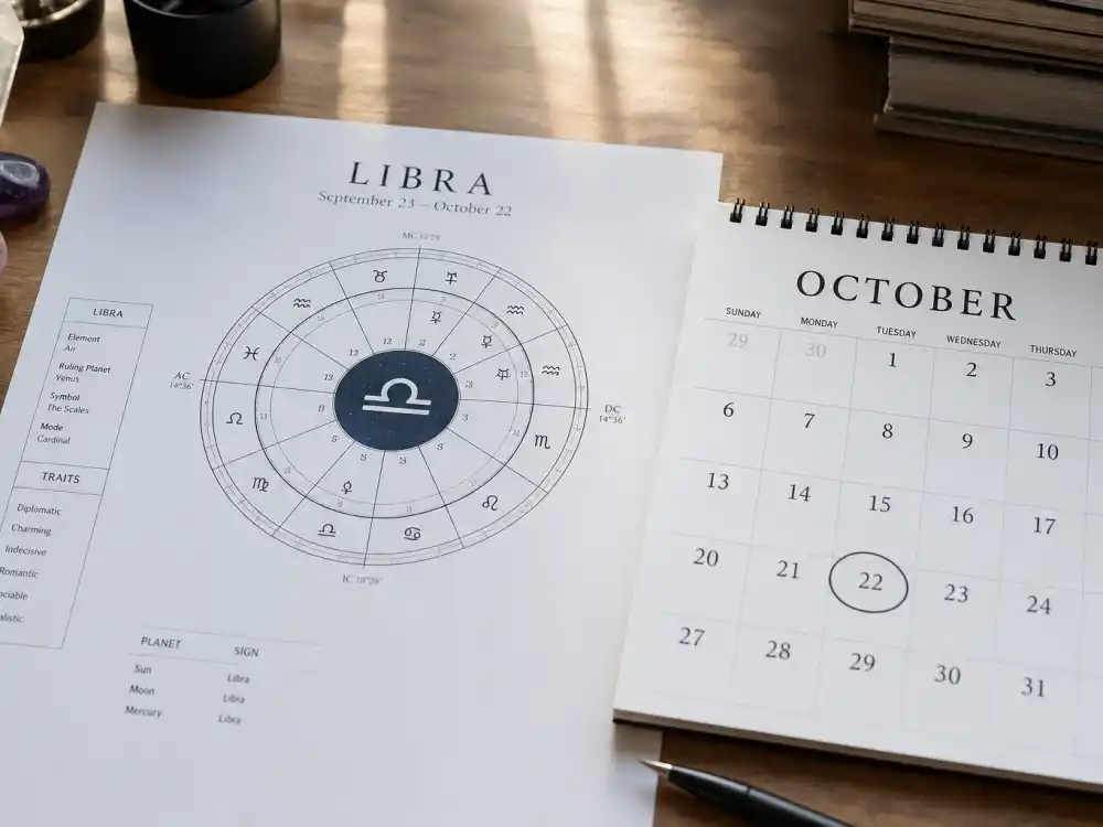 Libra zodiac chart beside October calendar for how old is Noah Schnapp — October 3 birth date places him under the Libra sign in Western astrology