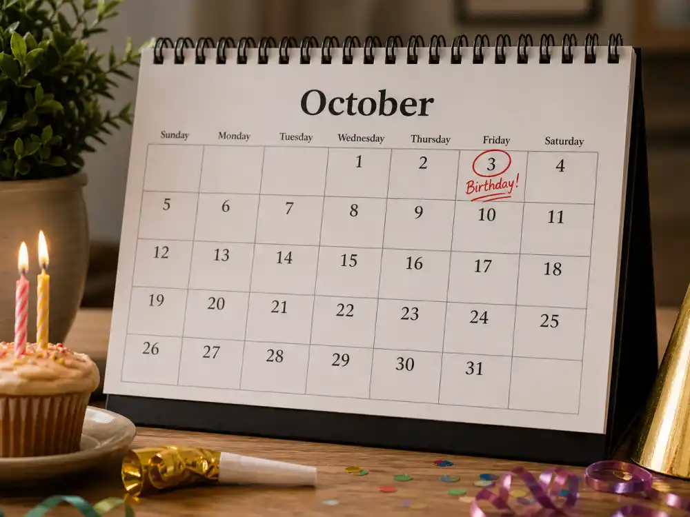 October 3 birthday calendar and candles marking how old is Noah Schnapp each year when fans celebrate his Libra birth date