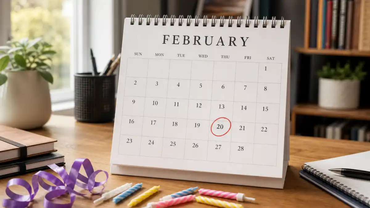 How old is Olivia Rodrigo — desk calendar open to February with birthday decorations marking her Pisces birth date