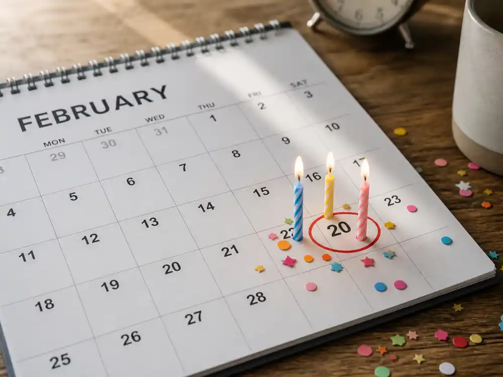 February 20 birthday calendar and candles marking how old is Olivia Rodrigo each year when fans celebrate her Pisces birth date