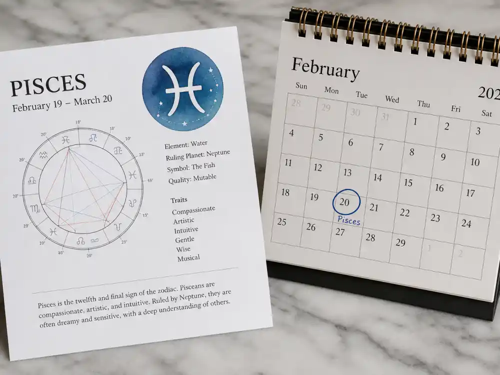 Pisces zodiac chart beside February calendar for how old is Olivia Rodrigo — February 20 birth date places her under the Pisces sign in Western astrology