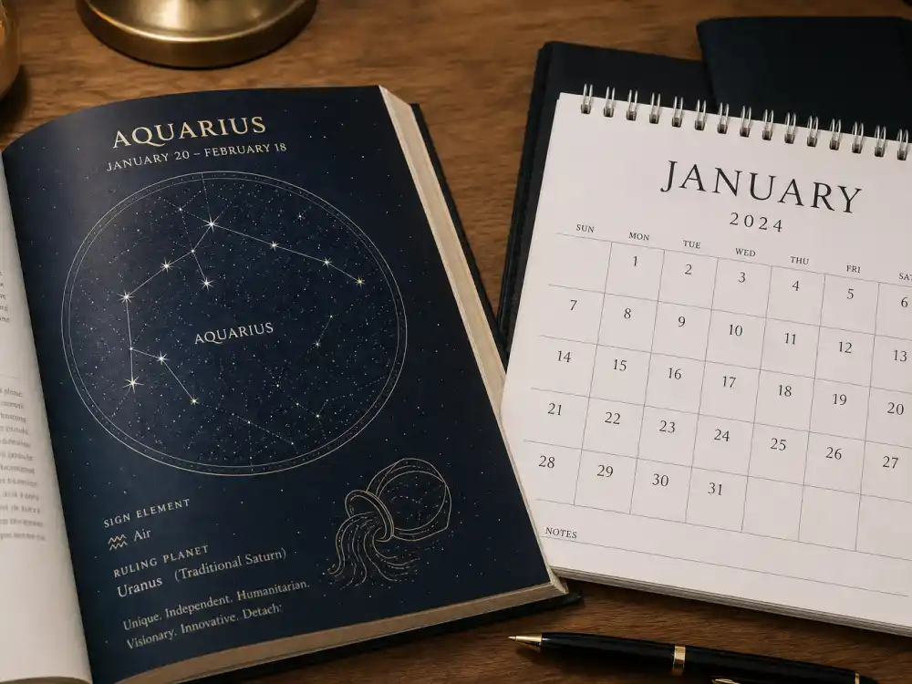 Aquarius zodiac chart beside January calendar for how old is Oprah Winfrey — January 29 birth date places her under the Aquarius sign in Western astrology