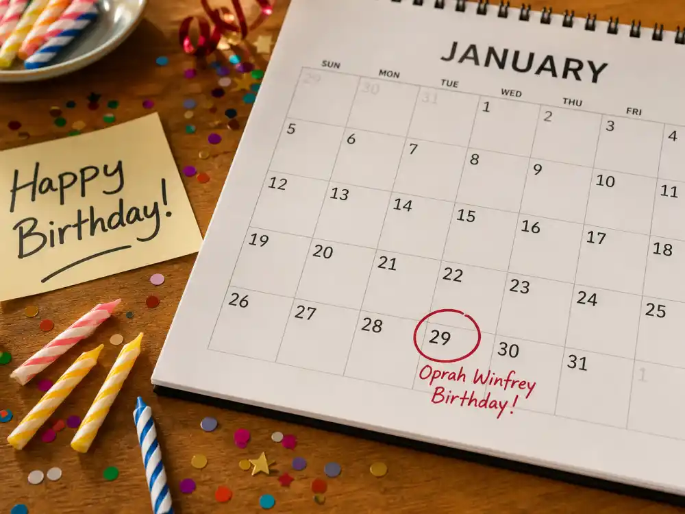 January 29 birthday calendar and candles marking how old is Oprah Winfrey each year when fans celebrate her Aquarius birth date