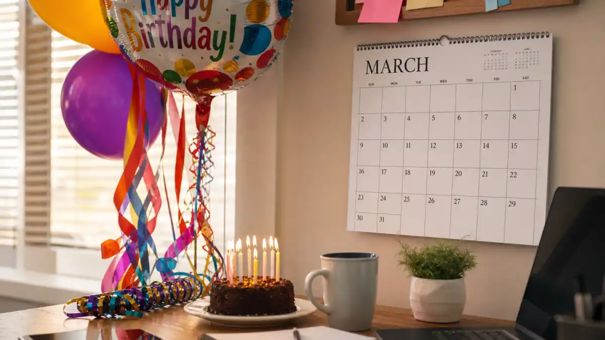 How old is Oscar Isaac — desk calendar open to March with birthday decorations marking his Pisces birth date