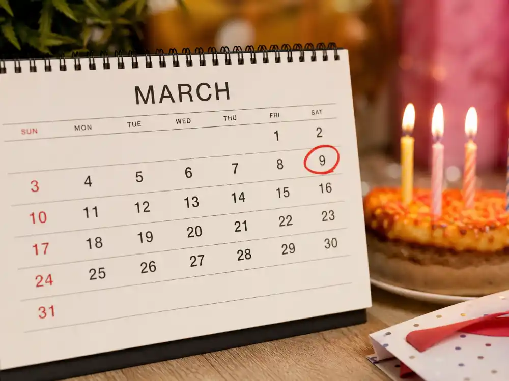 March 9 birthday calendar and candles marking how old is Oscar Isaac each year when fans celebrate his Pisces birth date