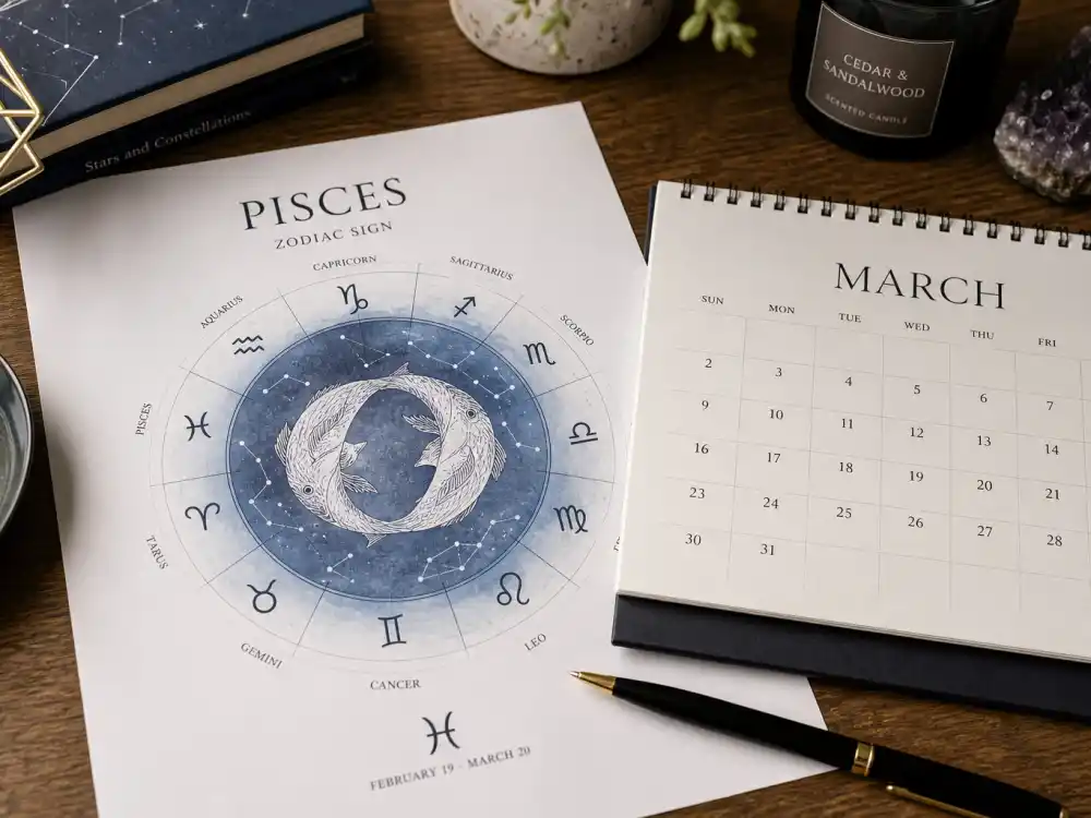 Pisces zodiac chart beside March calendar for how old is Oscar Isaac — March 9 birth date places him under the Pisces sign in Western astrology