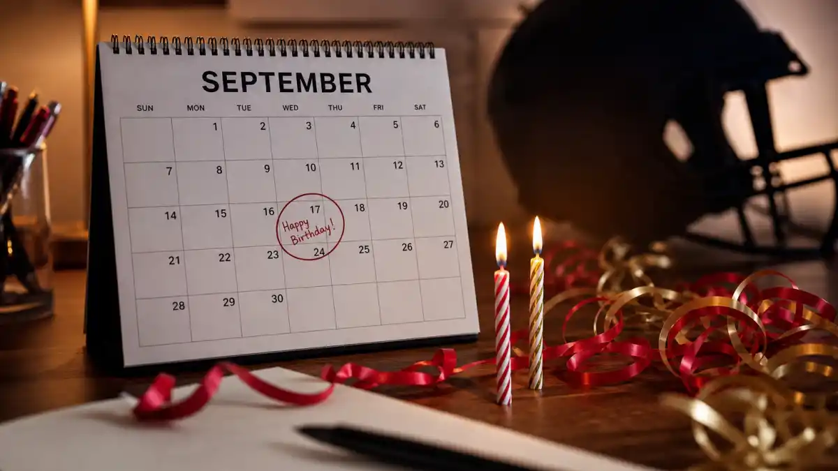 How old is Patrick Mahomes — desk calendar open to September with birthday decorations marking his Virgo birth date
