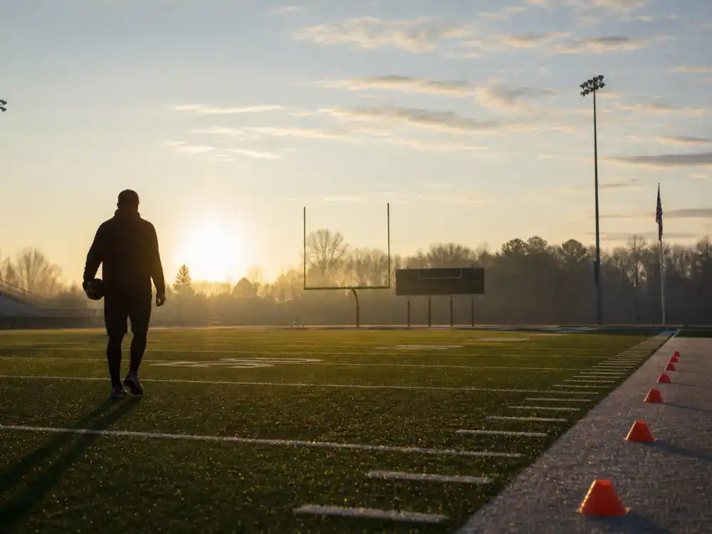 Football field training setup reflecting how old is Patrick Mahomes career arc from Texas high school star to Kansas City Chiefs Super Bowl MVP quarterback