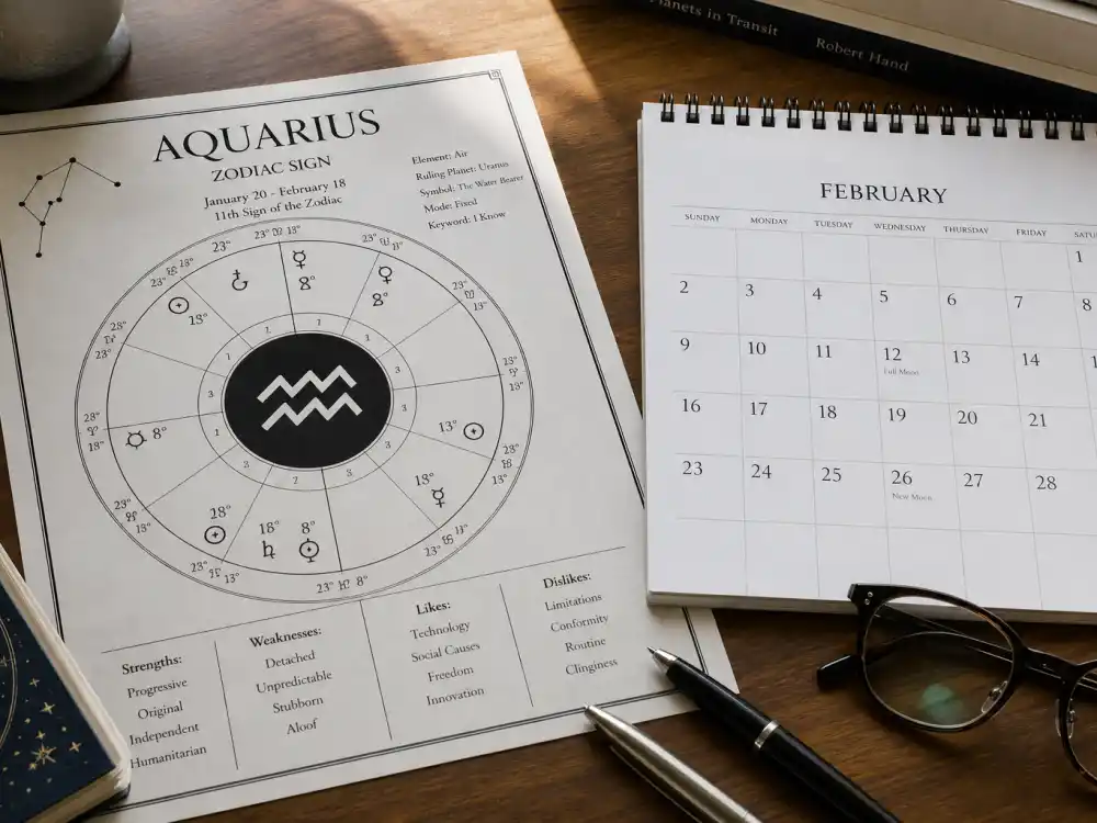 Aquarius zodiac chart beside February calendar for how old is Paul Mescal — February 2 birth date places him under the Aquarius sign in Western astrology