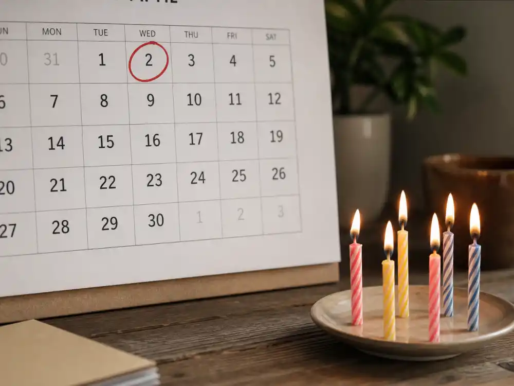 April 2 birthday calendar and candles marking how old is Pedro Pascal each year when fans celebrate his Aries birth date