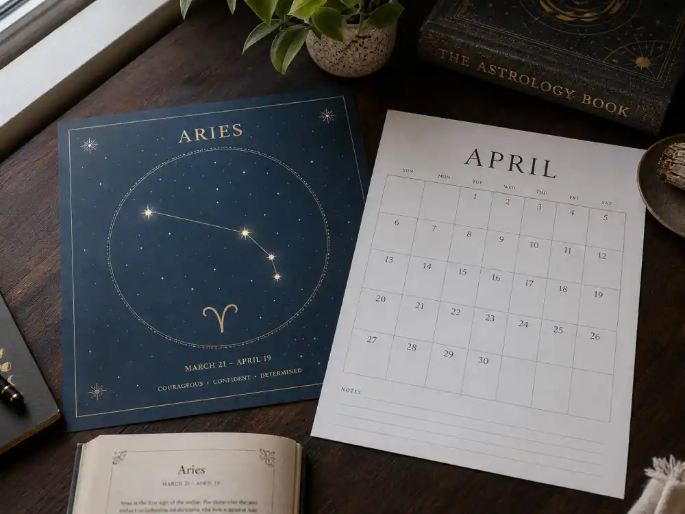 Aries zodiac chart beside April calendar for how old is Pedro Pascal — April 2 birth date places him under the Aries sign in Western astrology