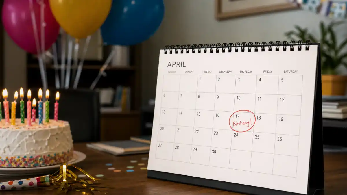 How old is Pedro Pascal — desk calendar open to April with birthday decorations marking his Aries birth date