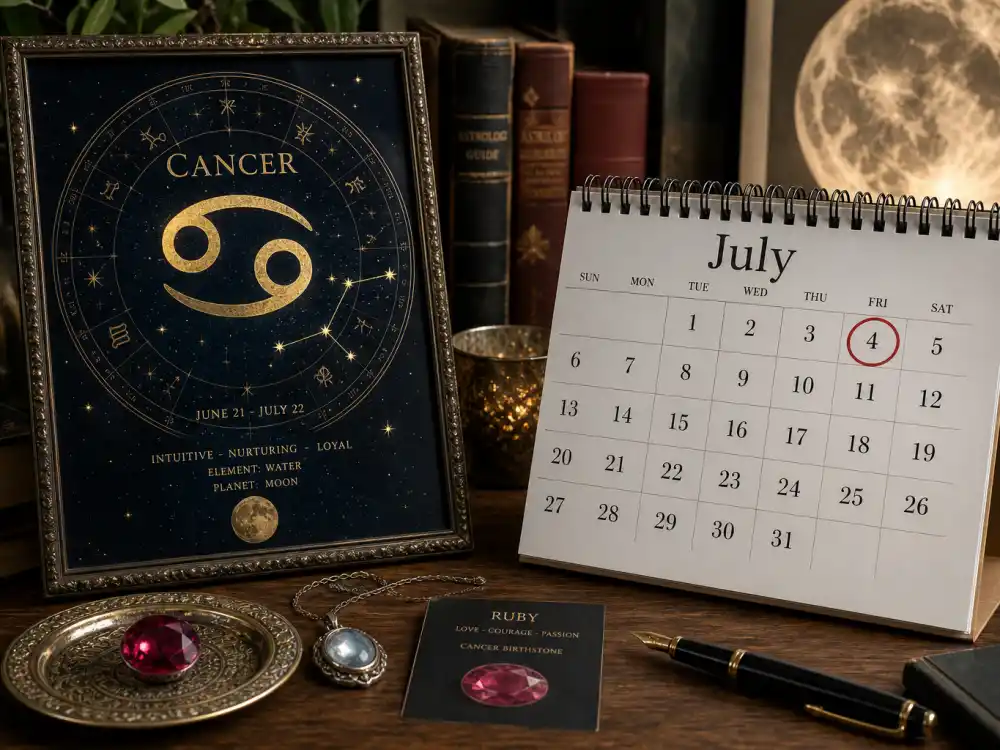 Cancer zodiac chart beside July calendar for how old is Post Malone — July 4 birth date places him under the Cancer sign in Western astrology