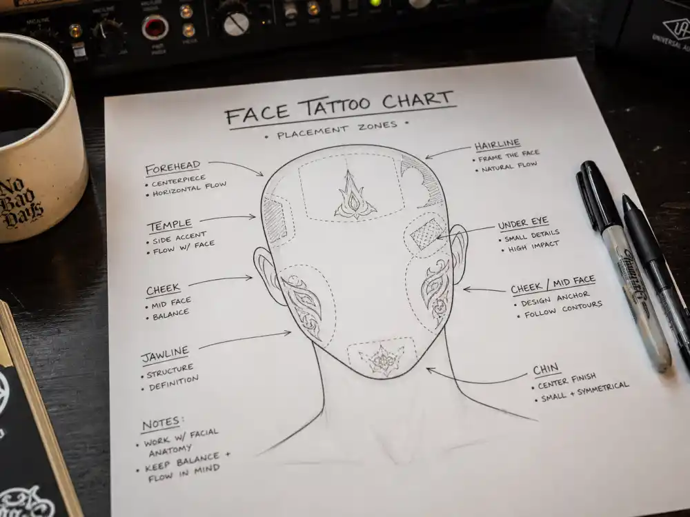 Face tattoo placement chart on paper for how old is Post Malone editorial — abstract diagram without identifiable celebrity likeness