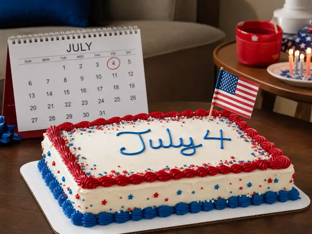 July 4 birthday cake and calendar marking how old is Post Malone each year when fans celebrate his Independence Day birth date