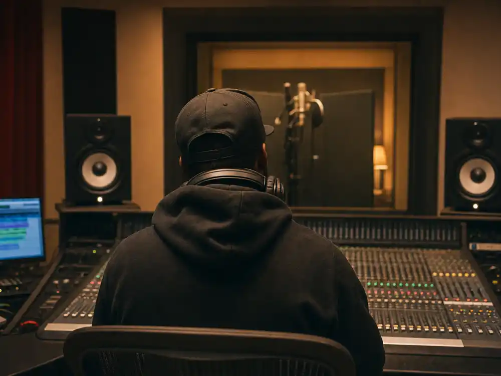 Recording studio mixing console seen from behind reflecting how old is Post Malone career arc from SoundCloud uploads to arena-filling hip-hop stardom