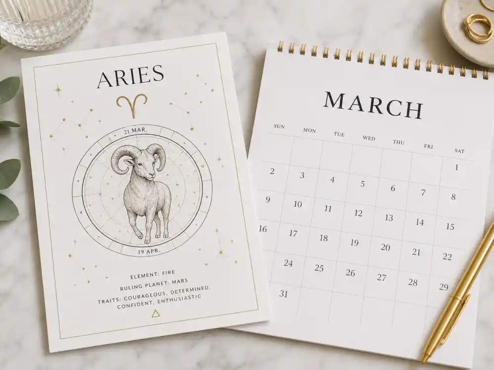 Aries zodiac chart beside March calendar for how old is Reese Witherspoon — March 22 birth date places her under the Aries sign in Western astrology