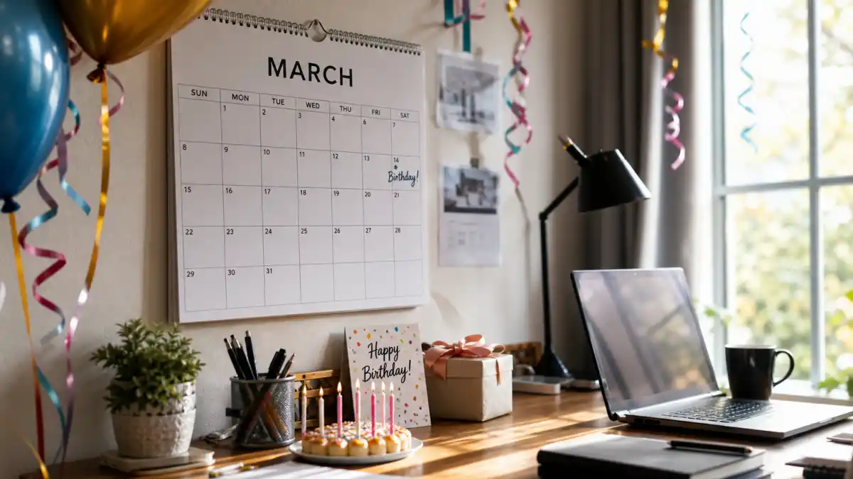 How old is Reese Witherspoon — desk calendar open to March with birthday decorations marking her Aries birth date