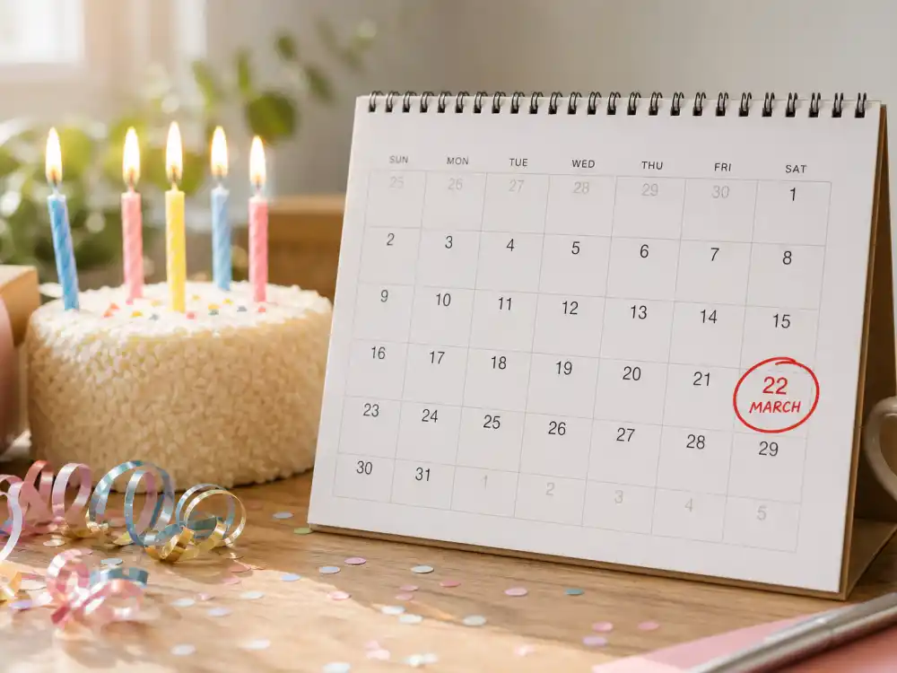 March 22 birthday calendar and candles marking how old is Reese Witherspoon each year when fans celebrate her Aries birth date