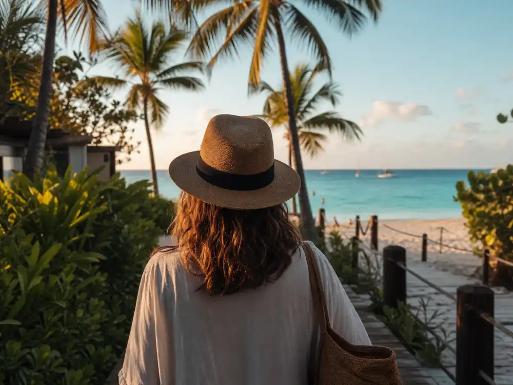 Barbados beach boardwalk from behind for how old is Rihanna birthplace editorial without identifiable faces