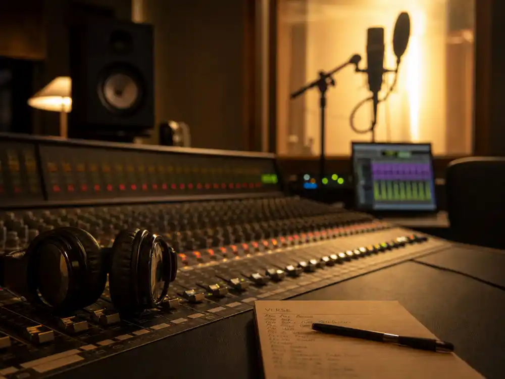 Music studio mixing desk for how old is Rihanna career milestone editorial without identifiable faces