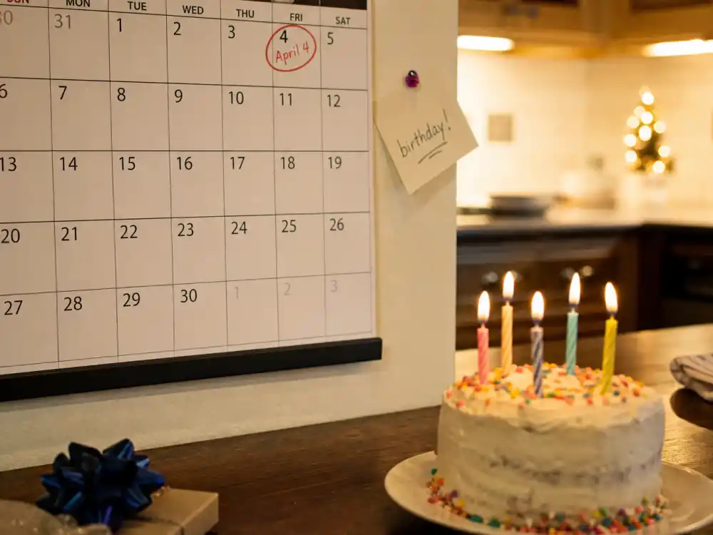 April 4 birthday calendar and candles marking how old is Robert Downey Jr each year when fans celebrate his Aries birth date