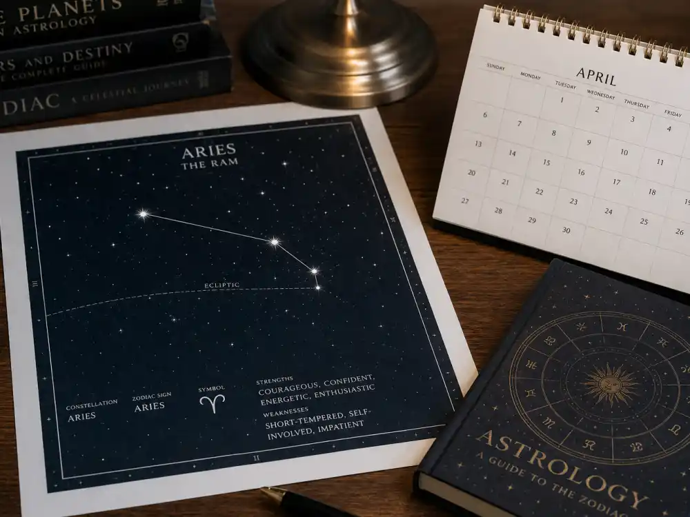 Aries zodiac chart beside April calendar for how old is Robert Downey Jr — April 4 birth date places him under the Aries sign in Western astrology