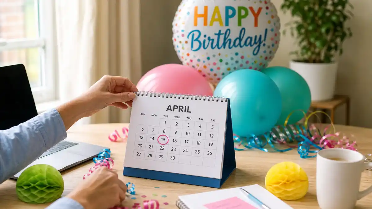 How old is Robert Downey Jr — desk calendar open to April with birthday decorations marking his Aries birth date