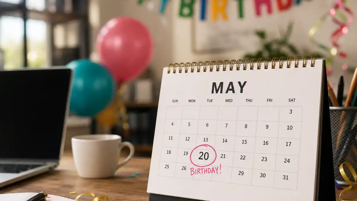 How old is Robert Pattinson — desk calendar open to May with birthday decorations marking his Taurus birth date