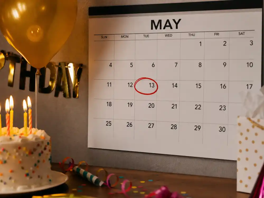 May 13 birthday calendar and candles marking how old is Robert Pattinson each year when fans celebrate his Taurus birth date