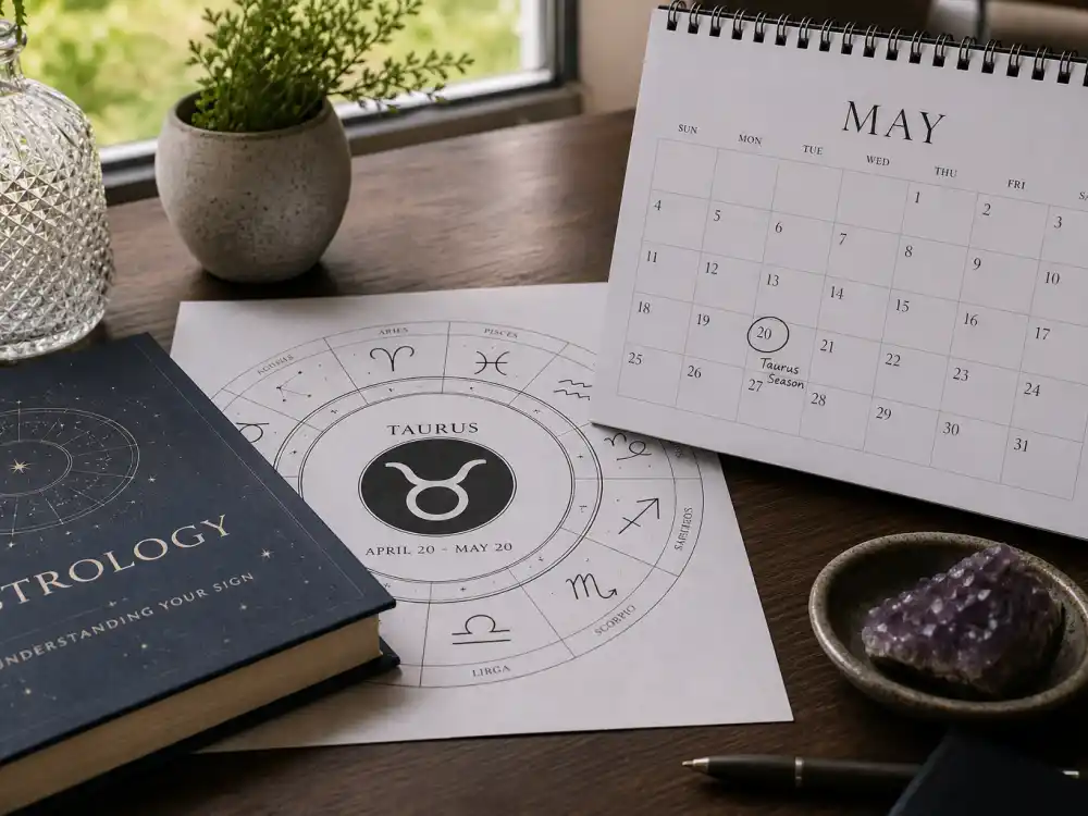 Taurus zodiac chart beside May calendar for how old is Robert Pattinson — May 13 birth date places him under the Taurus sign in Western astrology