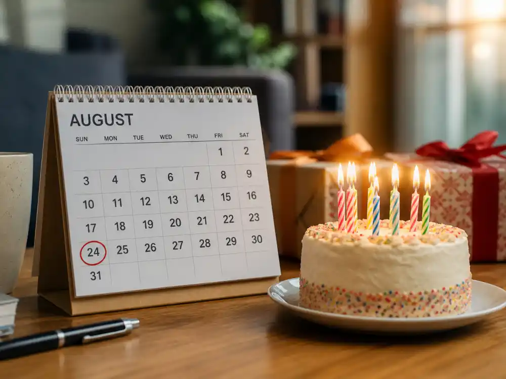 August 24 birthday calendar and candles marking how old is Rupert Grint each year when fans celebrate his Virgo birth date