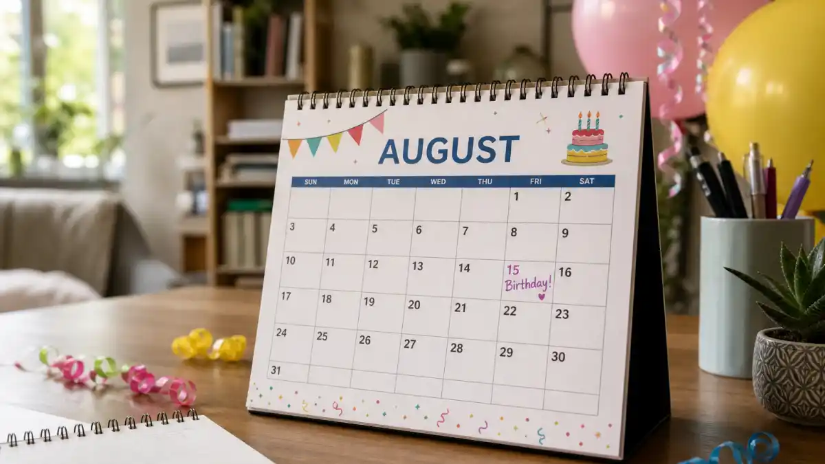 How old is Rupert Grint — desk calendar open to August with birthday decorations marking his Virgo birth date