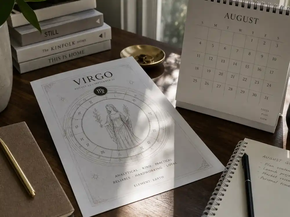 Virgo zodiac chart beside August calendar for how old is Rupert Grint — August 24 birth date places him under the Virgo sign in Western astrology