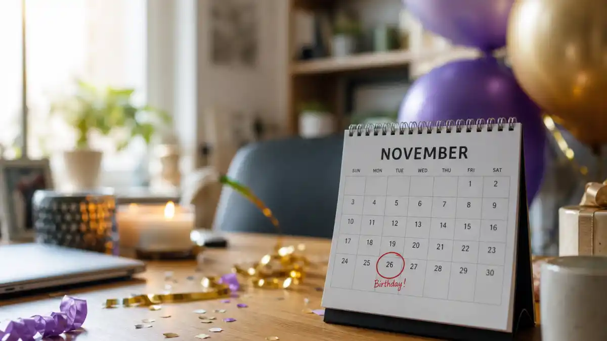 How old is Ryan Gosling — desk calendar open to November with birthday decorations marking his Scorpio birth date