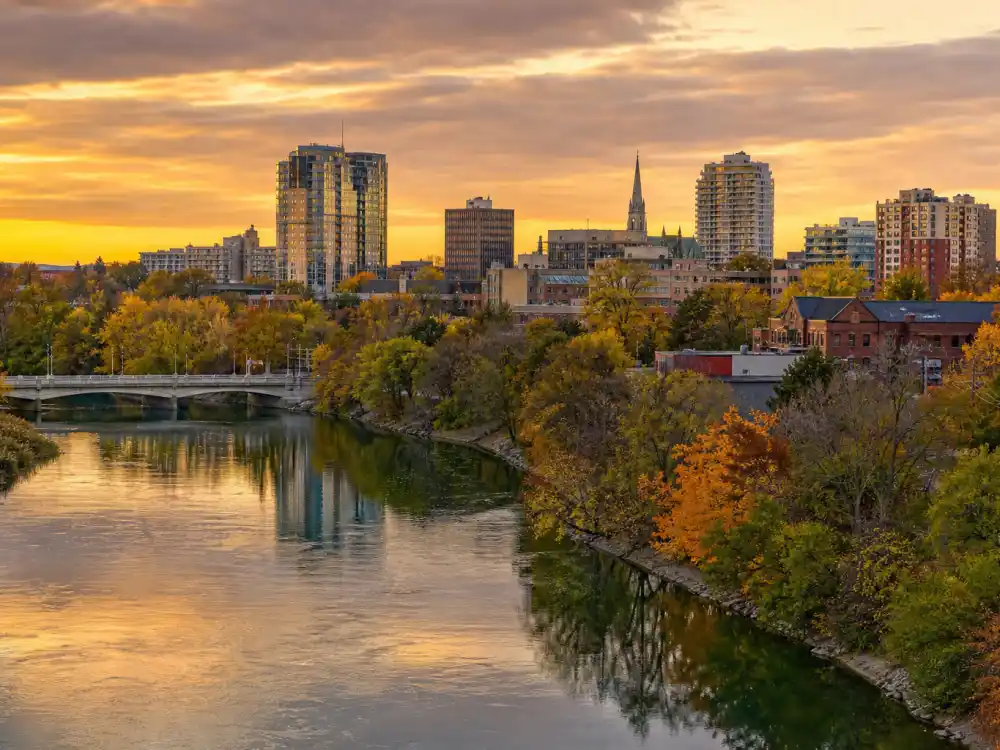 London Ontario Canada skyline evoking how old is Ryan Gosling birthplace — the Canadian city where Ryan Thomas Gosling was born on November 12, 1980