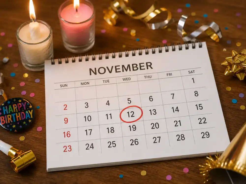 November 12 birthday calendar and candles marking how old is Ryan Gosling each year when fans celebrate his Scorpio birth date