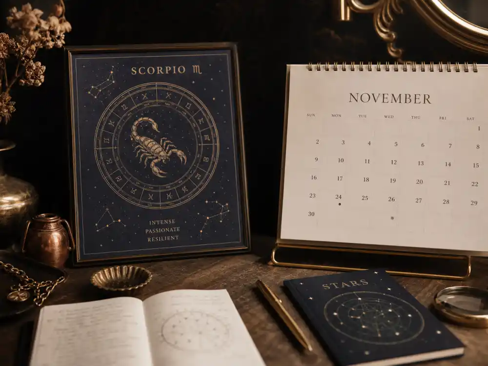 Scorpio zodiac chart beside November calendar for how old is Ryan Gosling — November 12 birth date places him under the Scorpio sign in Western astrology