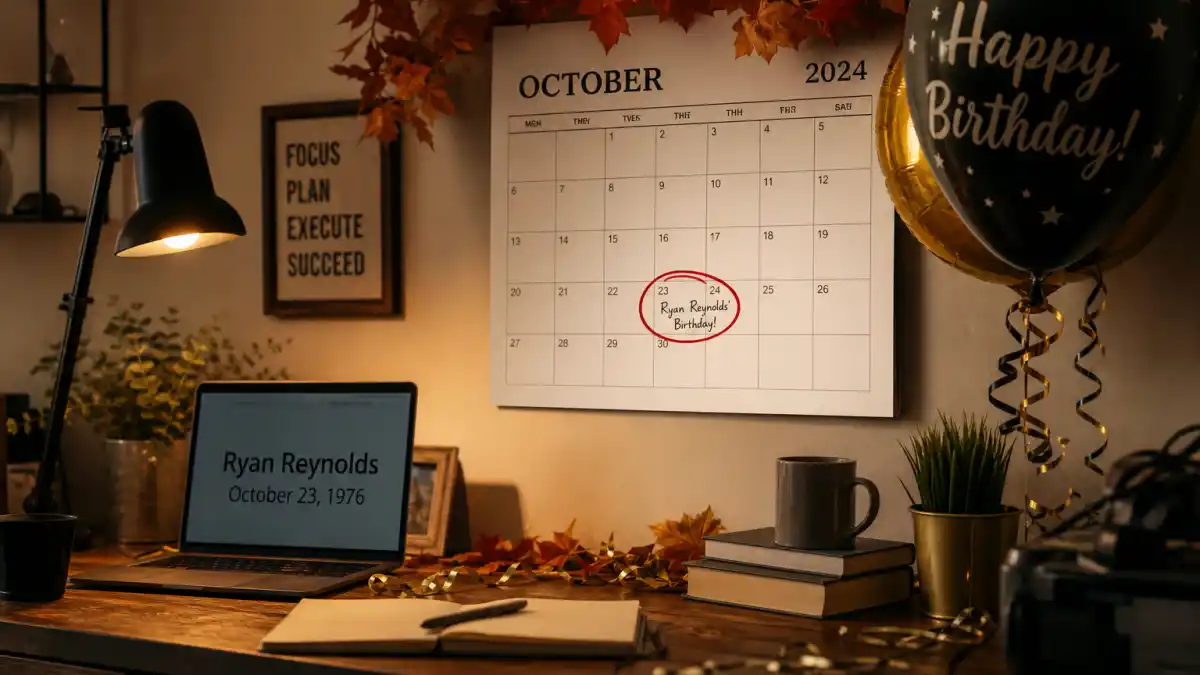 How old is Ryan Reynolds — desk calendar open to October with birthday decorations marking his Libra birth date