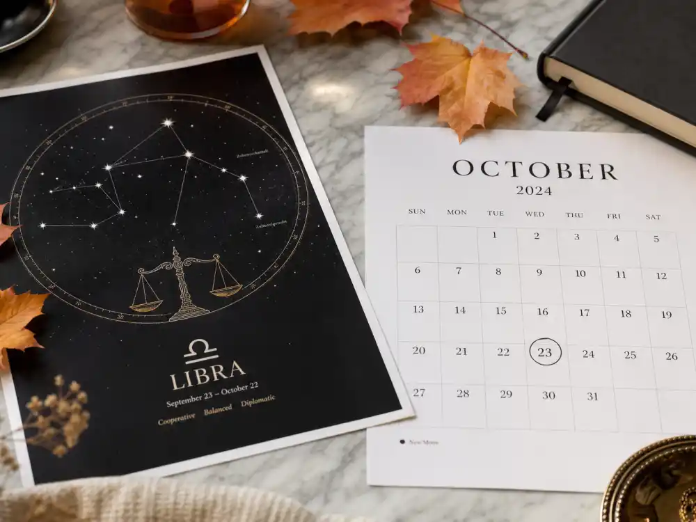 Libra zodiac chart beside October calendar for how old is Ryan Reynolds — October 23 birth date places him under the Libra sign in Western astrology