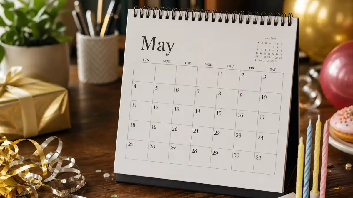 How old is Sabrina Carpenter — desk calendar open to May with birthday decorations marking her Taurus birth date