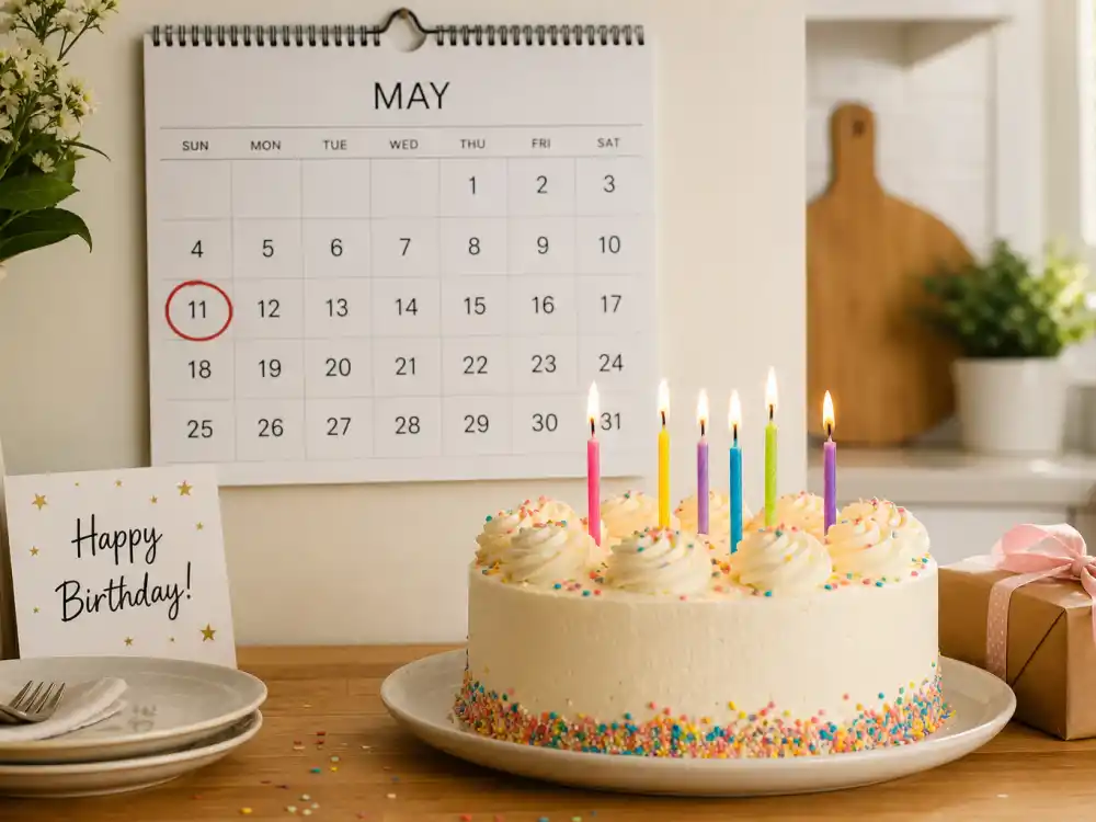 May 11 birthday calendar and candles marking how old is Sabrina Carpenter each year when fans celebrate her Taurus birth date