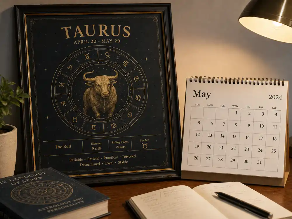 Taurus zodiac chart beside May calendar for how old is Sabrina Carpenter — May 11 birth date places her under the Taurus sign in Western astrology