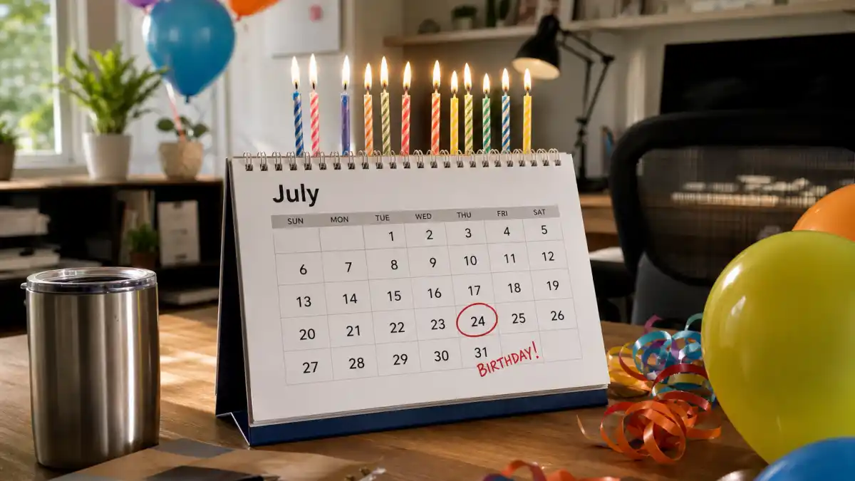 How old is Sandra Bullock — desk calendar open to July with birthday decorations marking her Leo birth date