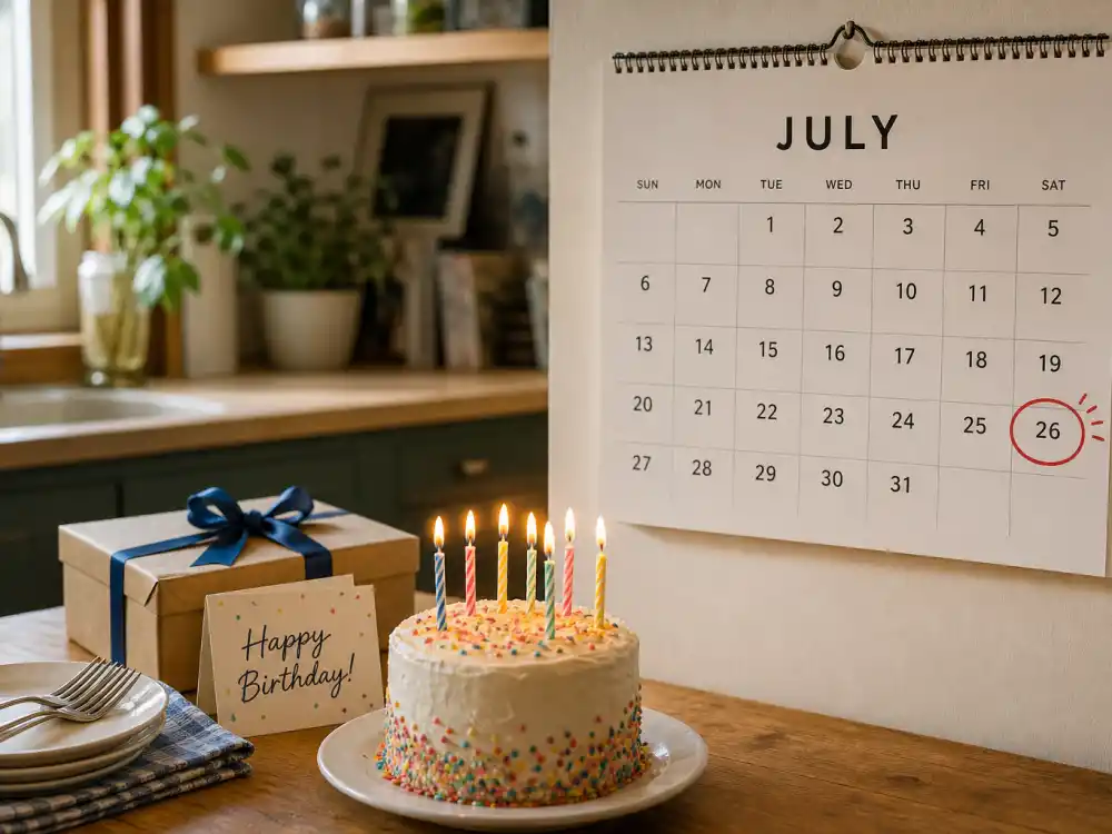 July 26 birthday calendar and candles marking how old is Sandra Bullock each year when fans celebrate her Leo birth date