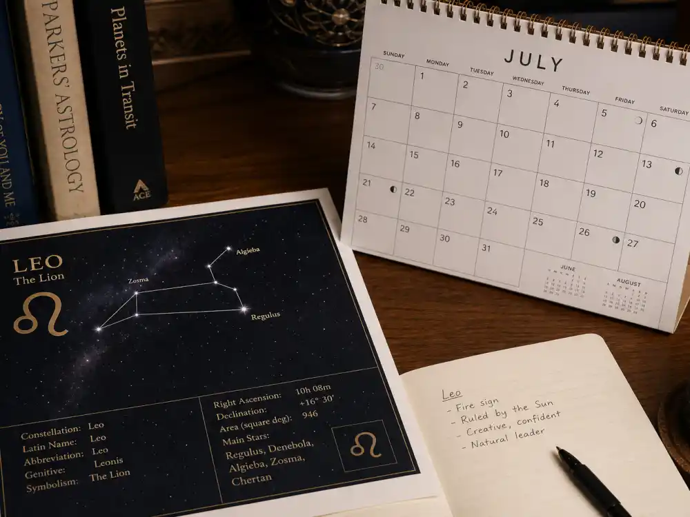 Leo zodiac chart beside July calendar for how old is Sandra Bullock — July 26 birth date places her under the Leo sign in Western astrology