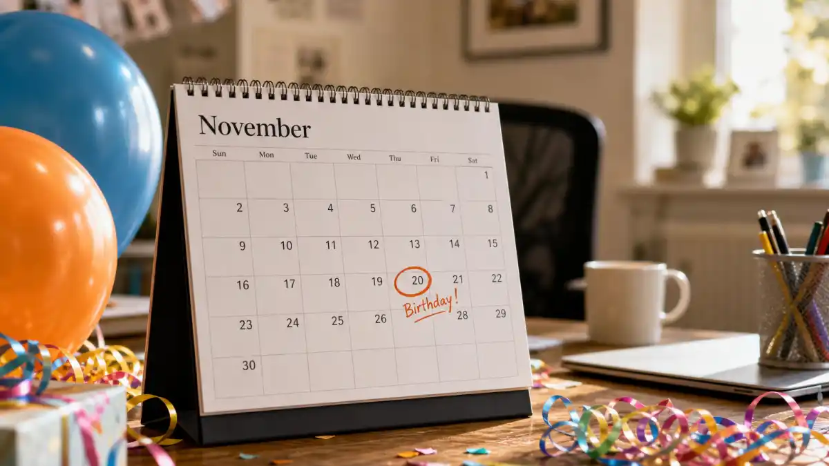 How old is Scarlett Johansson — desk calendar open to November with birthday decorations marking her Sagittarius birth date
