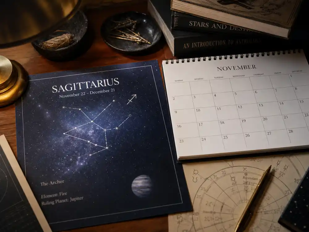 Sagittarius zodiac chart beside November calendar for how old is Scarlett Johansson — November 22 birth date places her under the Sagittarius sign in Western astrology