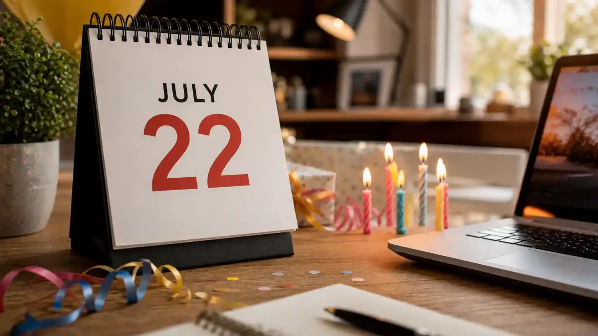 How old is Selena Gomez — desk calendar open to July 22 with birthday candles marking her Cancer birth date